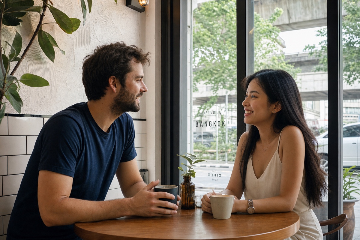 A foreign man and a Thai woman talking over coffee on a relaxed first date at a Bangkok cafe