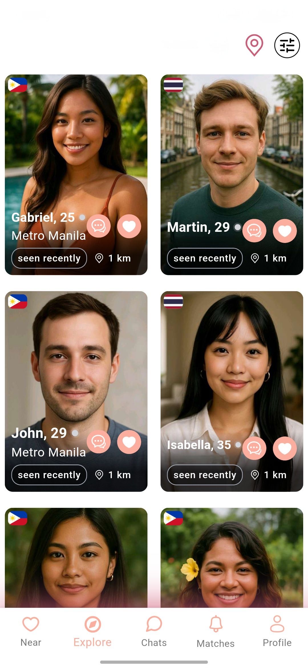 The AsiaFlare Explore screen showing a grid of nearby profiles in Thailand you can filter and message directly without matching