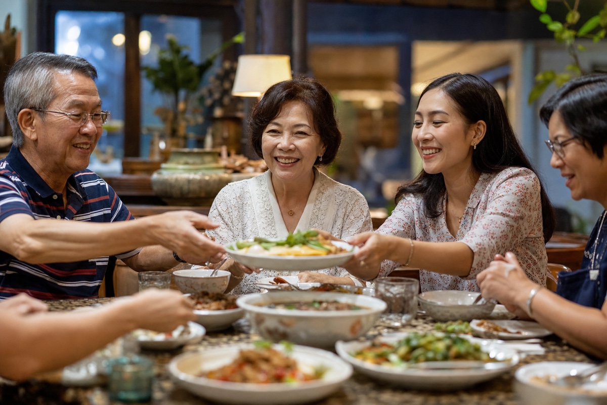 A Thai family sharing a meal together at home as a daughter introduces the person she is dating