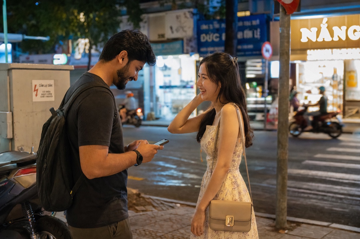 A foreign man and a Vietnamese woman meeting for a first date at a lively street corner in Ho Chi Minh City