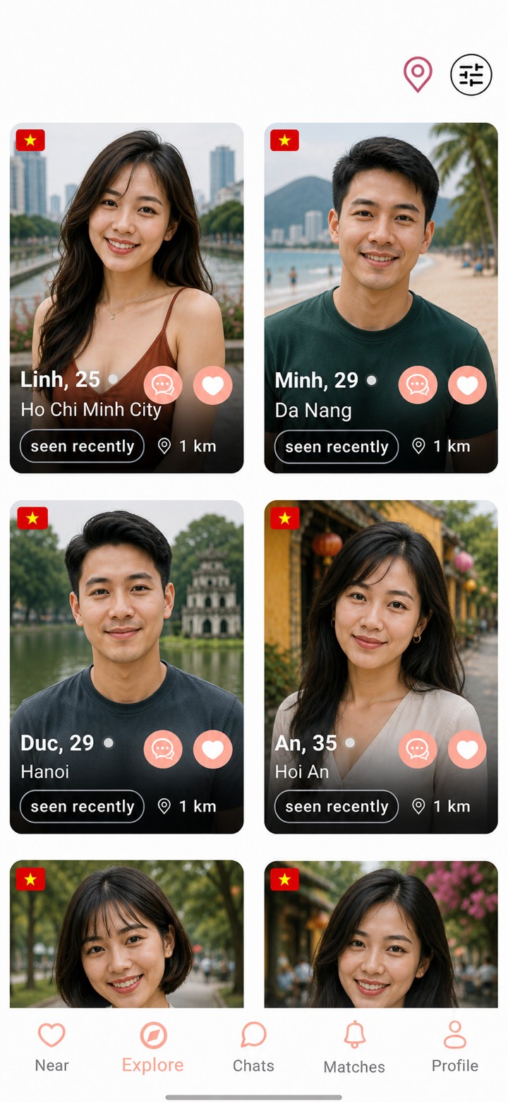 The AsiaFlare Explore screen, a grid of nearby profiles in Vietnam you can filter and message directly without matching