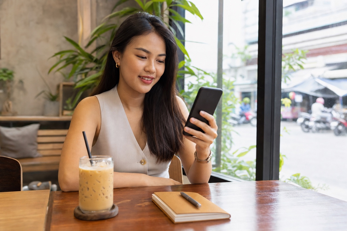A Cambodian woman using her phone at a bright Phnom Penh cafe while chatting with a match
