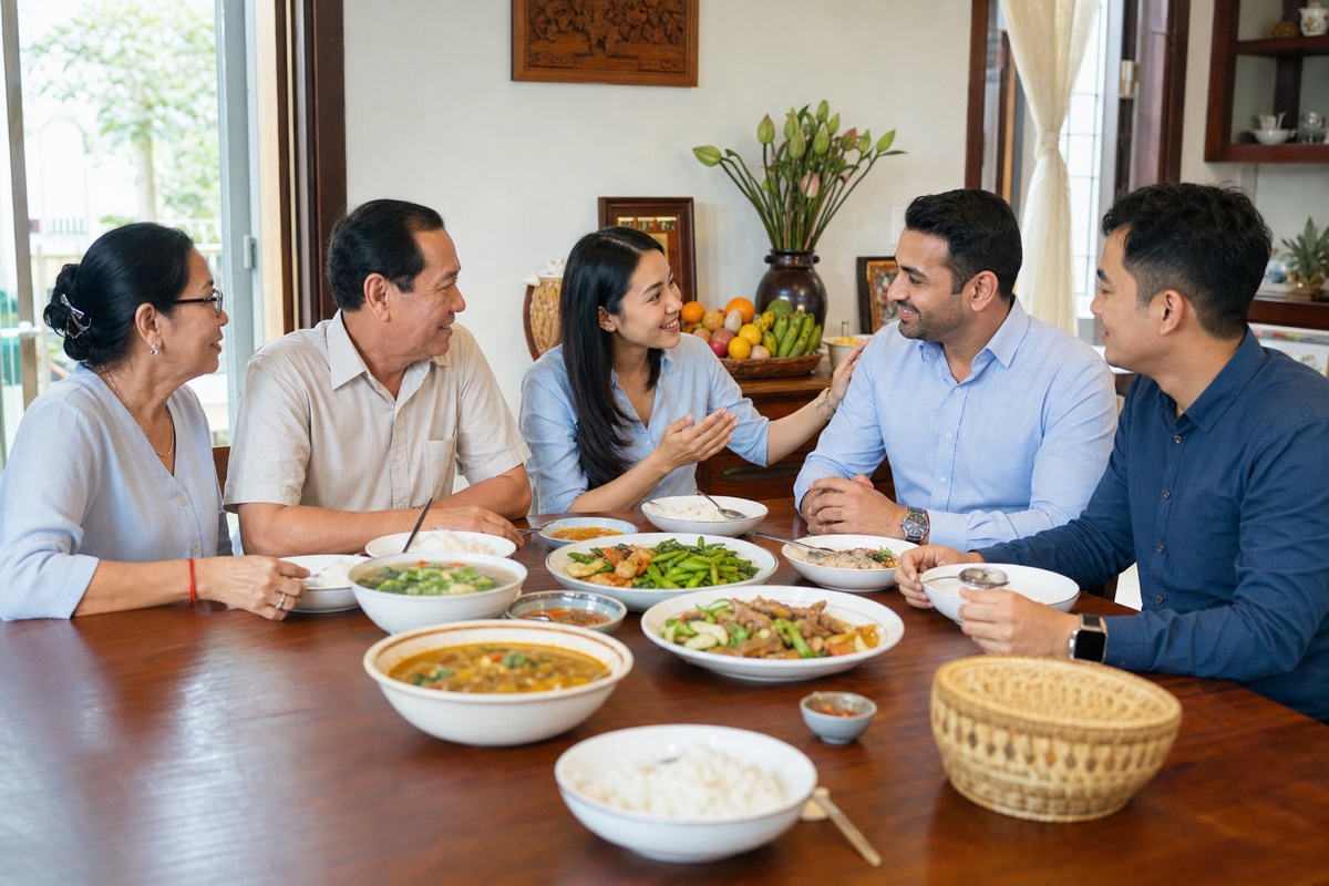 A Cambodian family welcoming a South Asian foreign partner to a home-cooked lunch