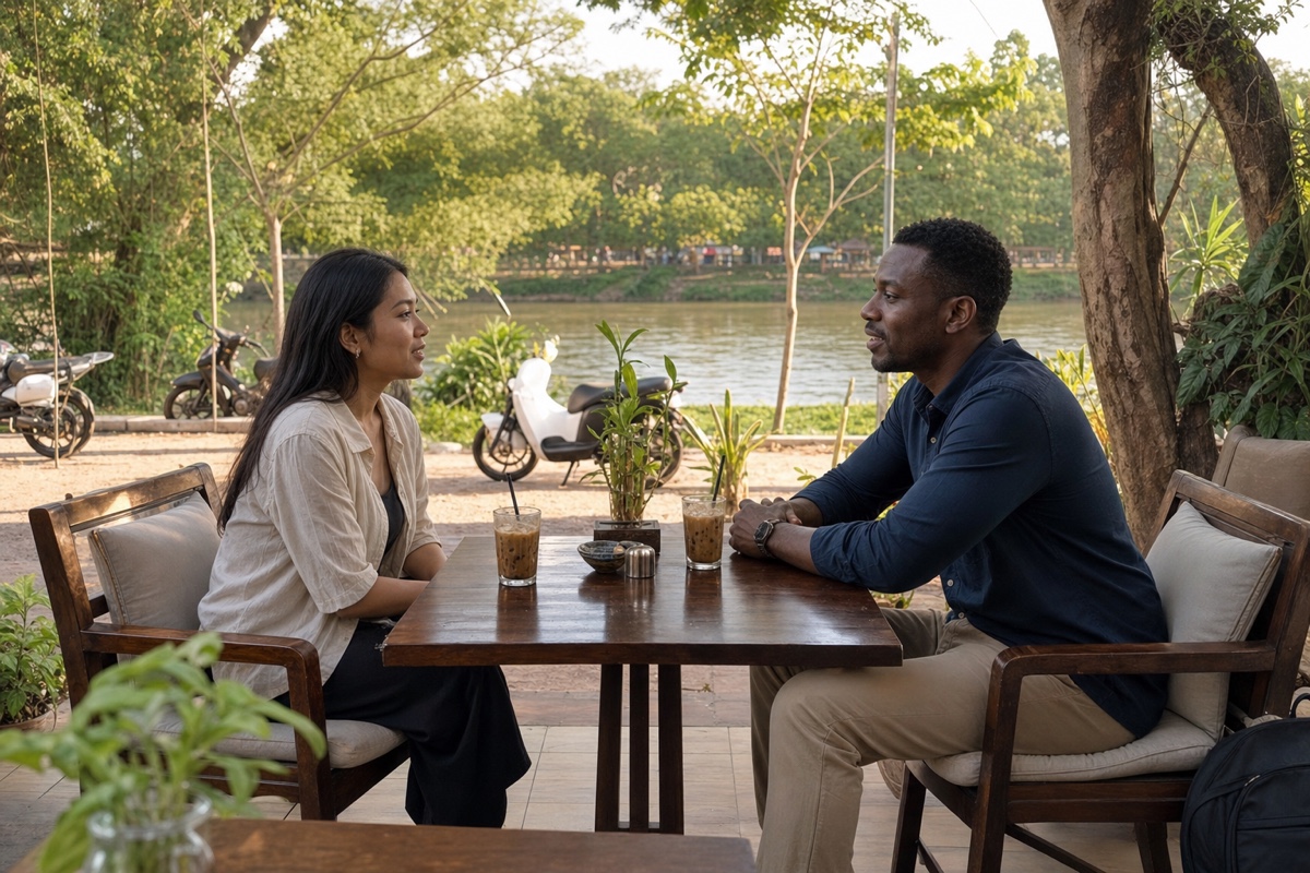 A Cambodian woman and a Black foreign man sharing coffee at an open-air cafe near the Siem Reap river
