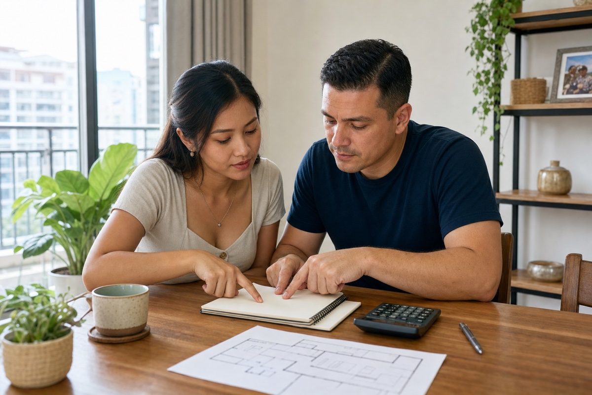 A Cambodian woman and a Latino foreign fiance discussing a wedding budget and future home at a dining table