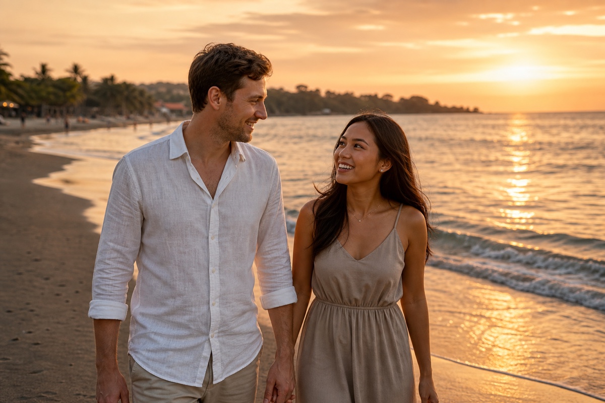 A foreign man and a local Indonesian woman on a relaxed beach date at sunset in Bali