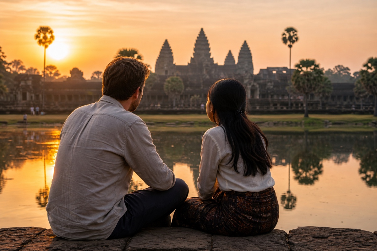 A foreign man and a Cambodian woman watching sunrise together in front of the Angkor Wat temple in Siem Reap