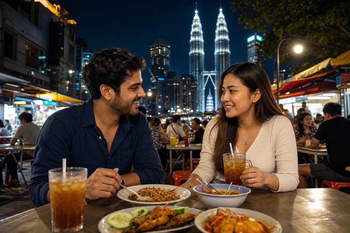 A foreign man and a Malaysian woman on an evening date at an outdoor Kuala Lumpur hawker food street, the Petronas Towers glowing behind