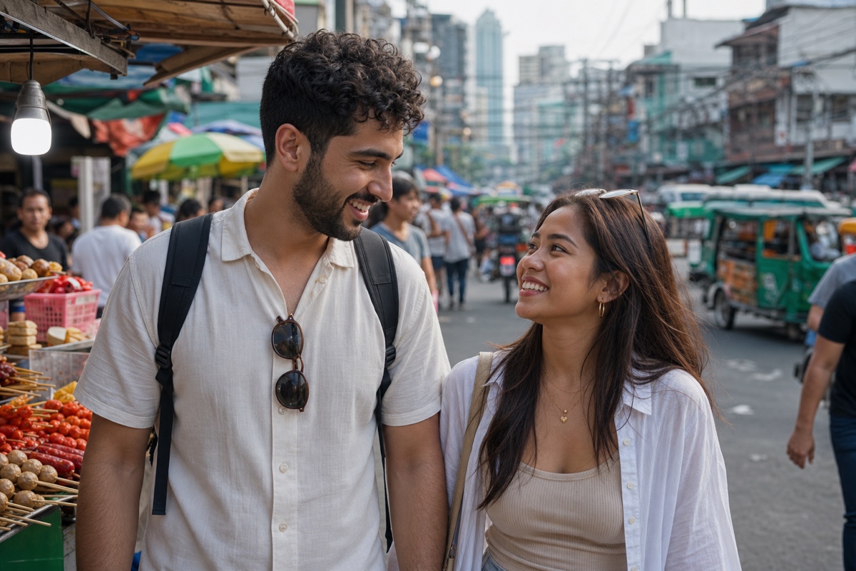 A foreign man and a Filipina on a warm daytime date in a lively Southeast Asian city