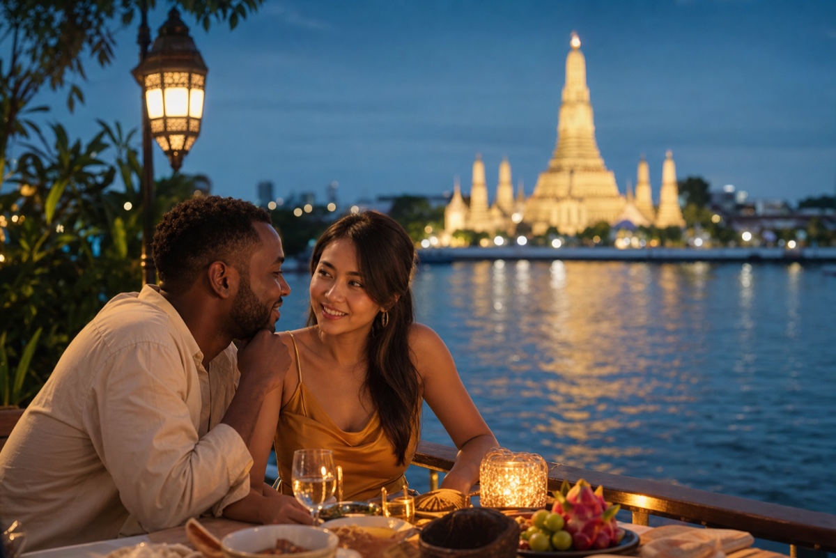 A foreign man and a Thai woman on an evening riverside date in Bangkok with a lit-up temple across the water