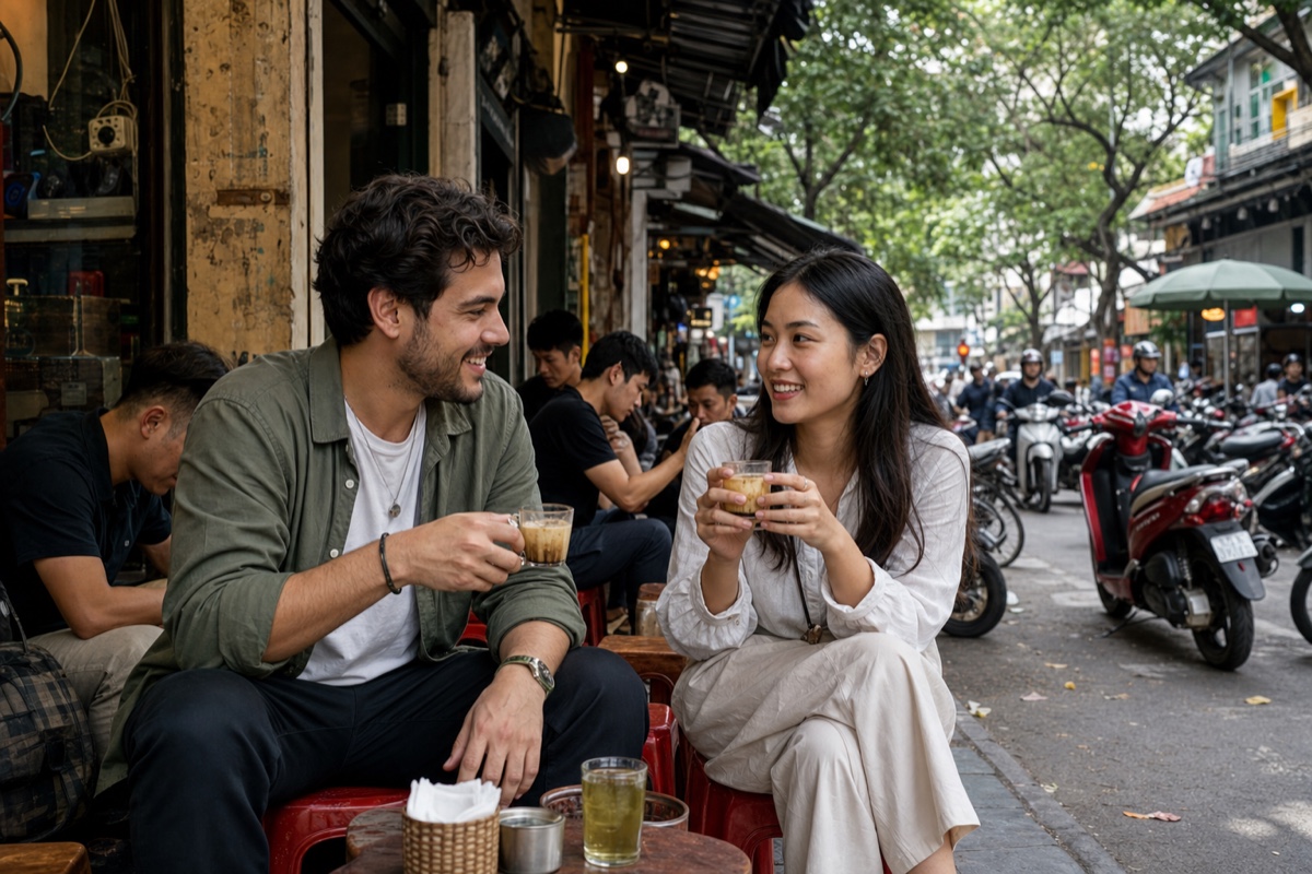 A foreign man and a Vietnamese woman on a coffee date on low stools at a lively Hanoi old-quarter street cafe