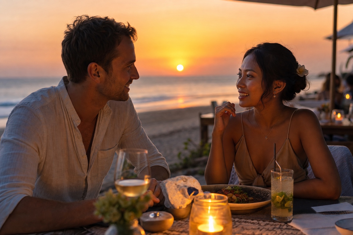 A foreign man and a Balinese woman at a beachfront dinner table in Seminyak as the sun sets over the ocean