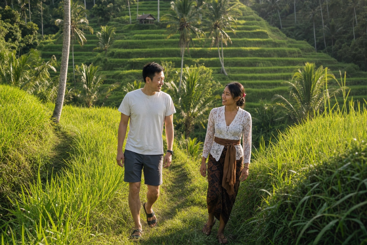 A foreign man and a Balinese woman walking through green rice terraces near Ubud, Bali