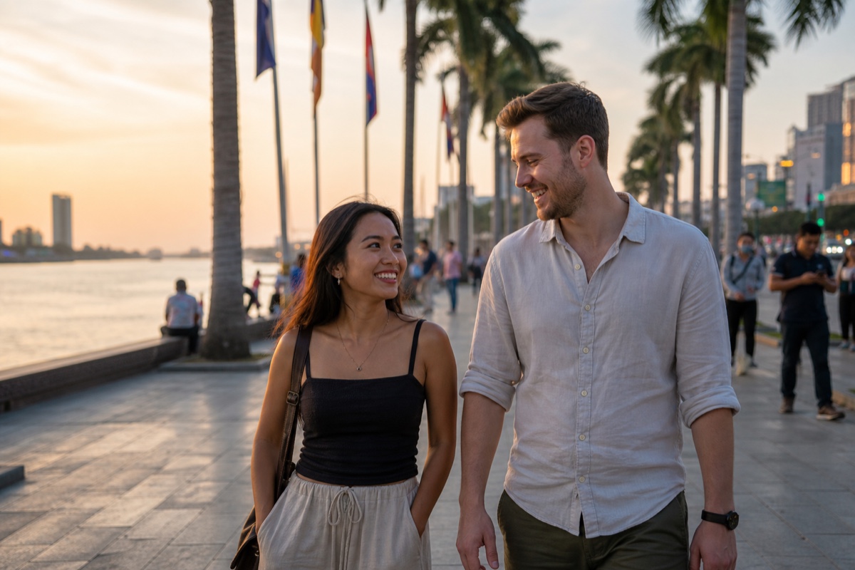A couple strolling along the Phnom Penh riverside promenade in the early evening