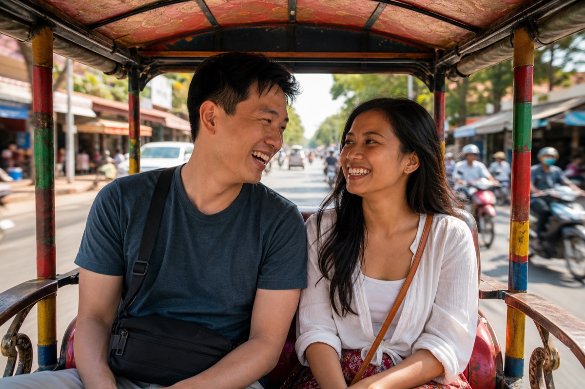 A couple riding in a colourful tuk-tuk through the streets of Siem Reap on a sunny day