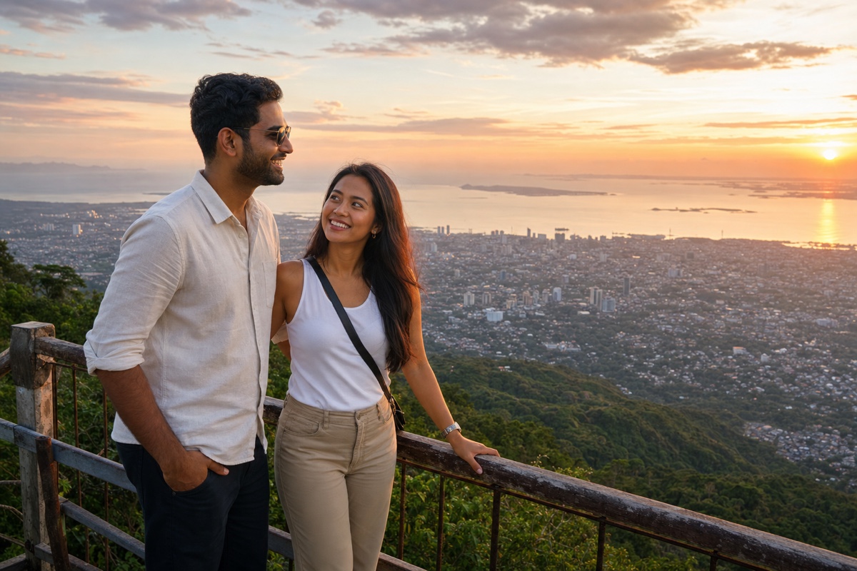 A foreign man and a Filipina at a mountainside viewpoint watching the sunset over Cebu City and Mactan island