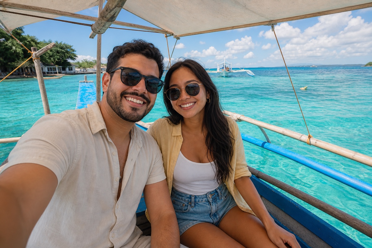 A foreign man and a Filipina on a small island-hopping boat in the clear water off Mactan, Cebu