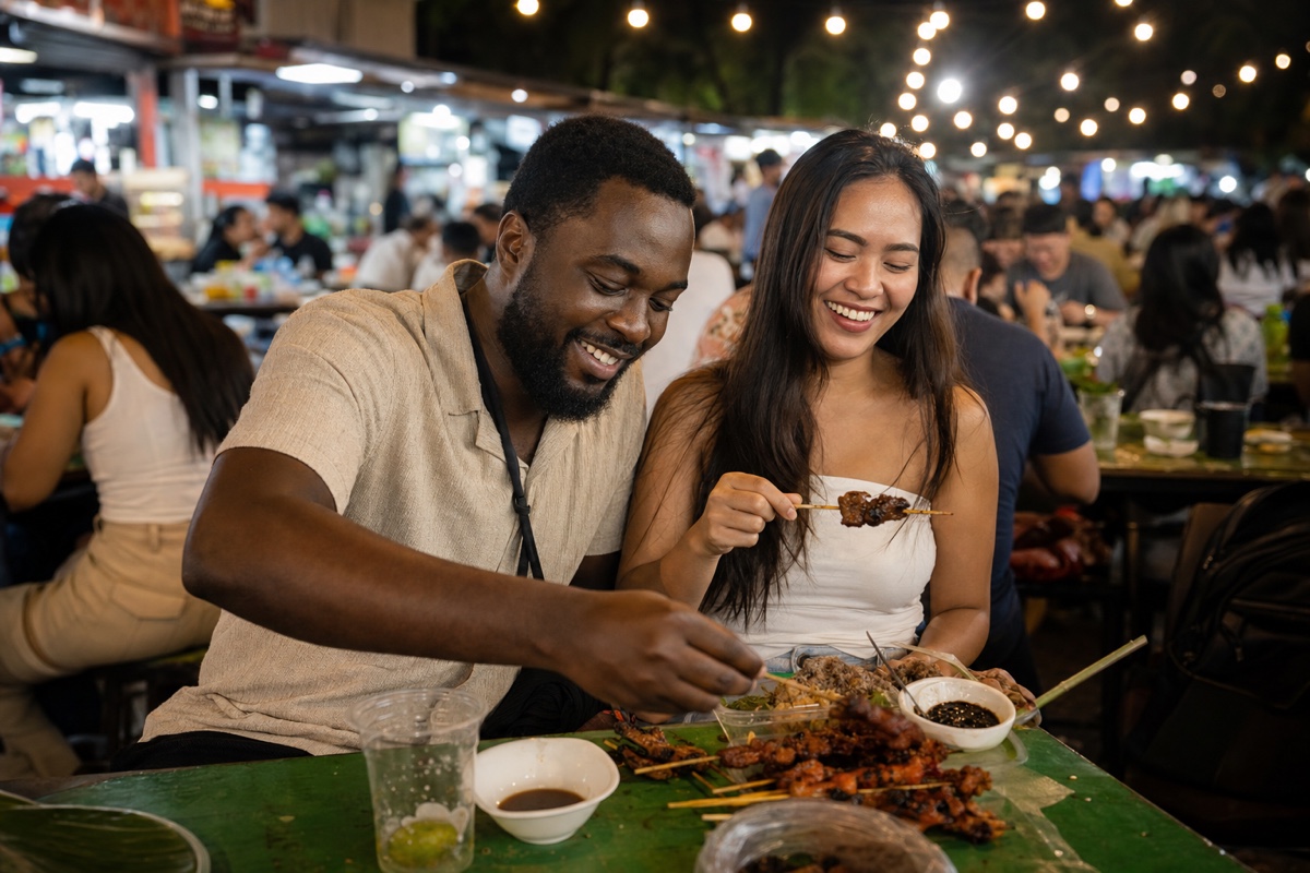 A foreign man and a Filipina sharing street food at shared tables in a lively open-air night market in Cebu