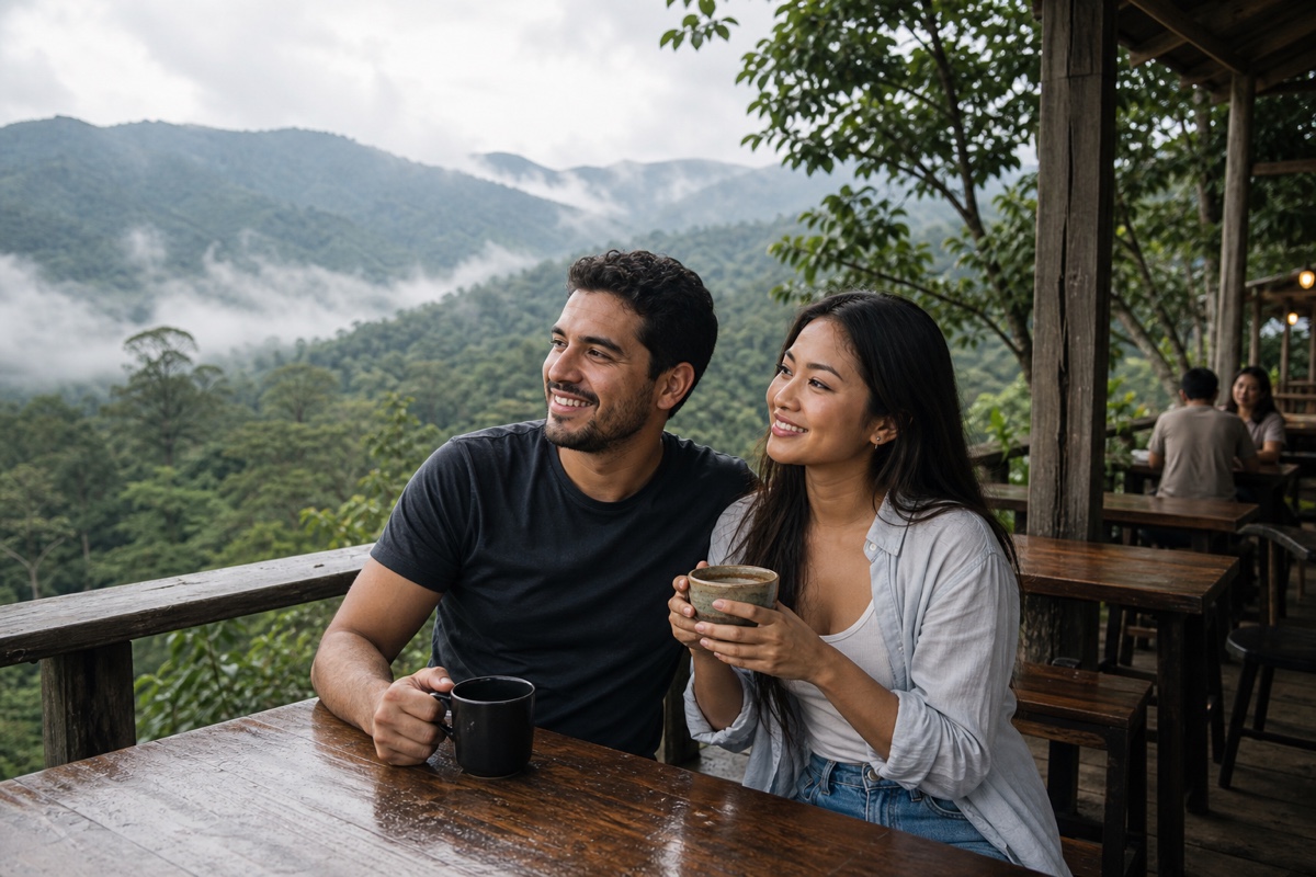 A foreign man and a Thai woman at a mountain viewpoint cafe overlooking the hills around Chiang Mai