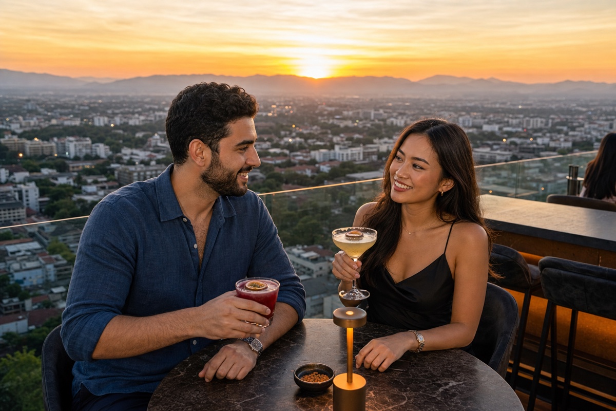 A foreign man and a Thai woman having cocktails at a rooftop bar at sunset in Chiang Mai