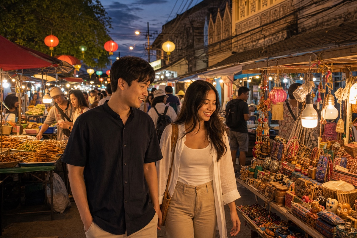 A young couple browsing craft and food stalls at the Sunday Walking Street night market in Chiang Mai's Old City