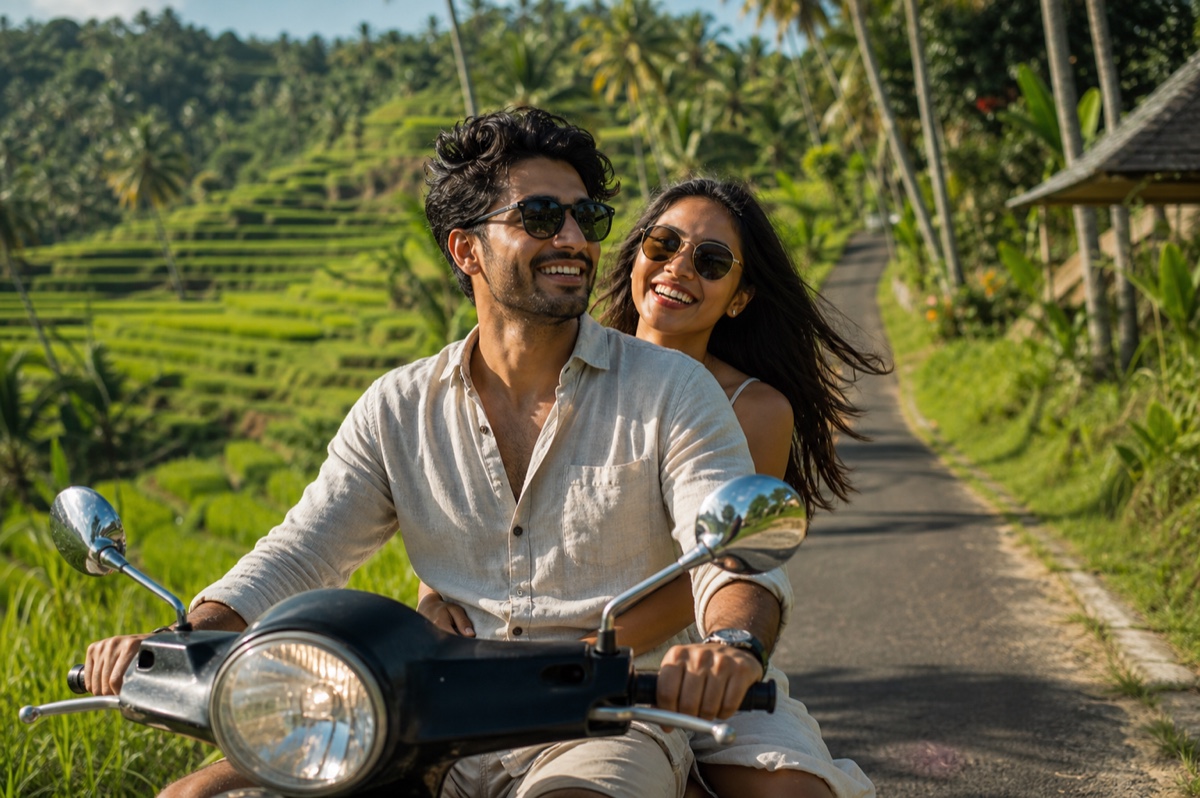 A couple riding a scooter through green rice terraces in Bali on a sunny afternoon