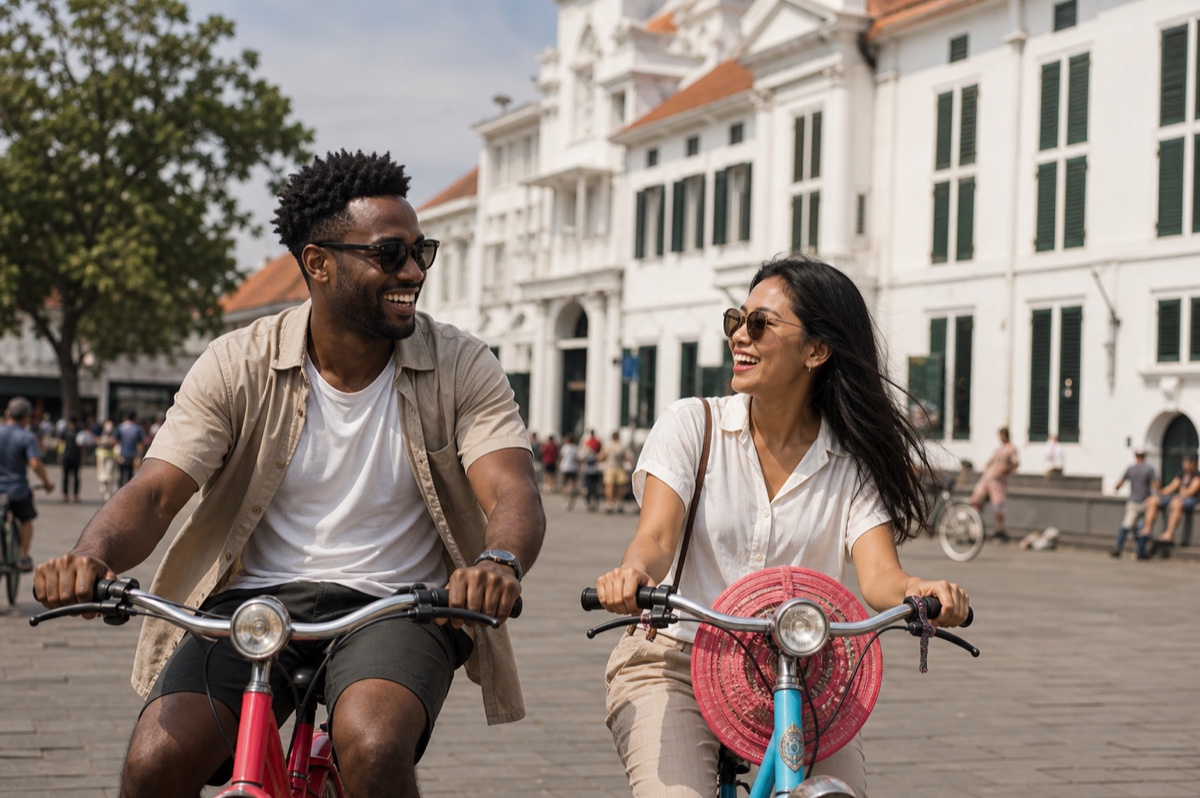 A couple exploring Jakarta's Kota Tua old town by rental bike near the colonial Fatahillah Square