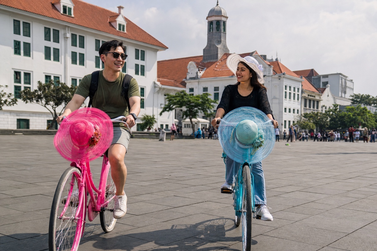 A foreign man and an Indonesian woman riding colourful rental bikes around Fatahillah Square in Kota Tua, Jakarta