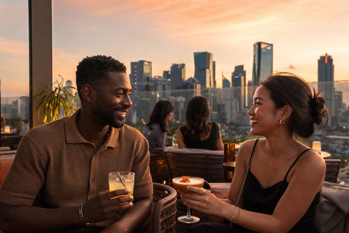 A foreign man and an Indonesian woman having cocktails at a Jakarta rooftop bar at golden hour