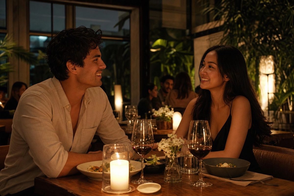 A foreign man and an Indonesian woman at an intimate candlelit dinner in a Senopati restaurant in Jakarta