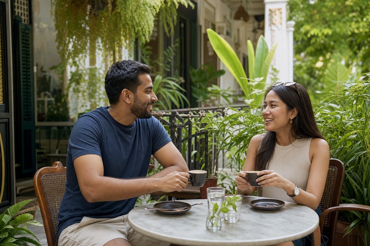 A foreign man and a Malaysian woman on a relaxed daytime cafe date in a restored old house in Bangsar, Kuala Lumpur