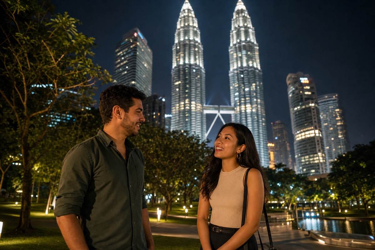 A foreign man and a Malaysian woman at KLCC Park with the Petronas Towers lit up behind them in the evening
