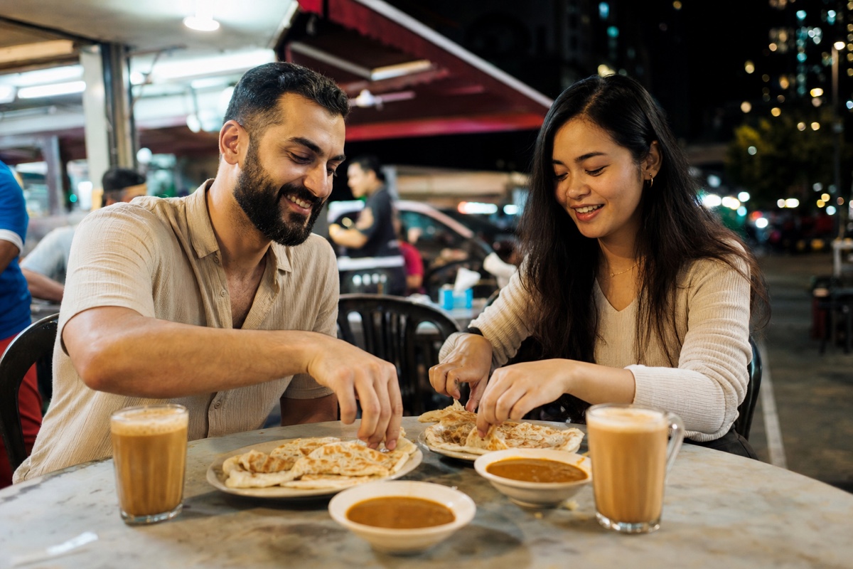 A foreign man and a Malaysian woman on a casual late-night date at an open-air mamak stall in Kuala Lumpur