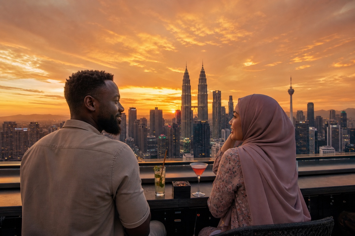 A foreign man and a Malaysian woman watching the sunset from a Kuala Lumpur rooftop bar