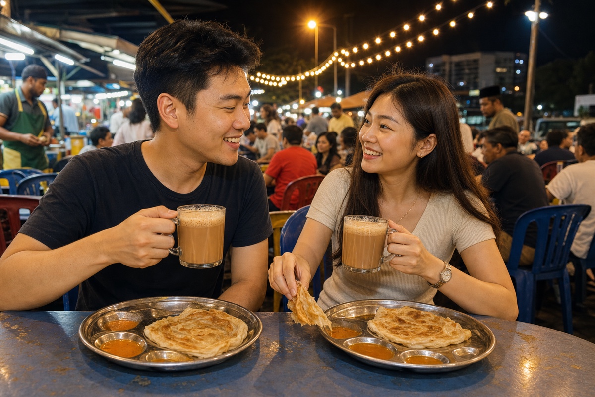 A couple on a casual late-evening date at a busy open-air mamak stall in Kuala Lumpur with roti and teh tarik