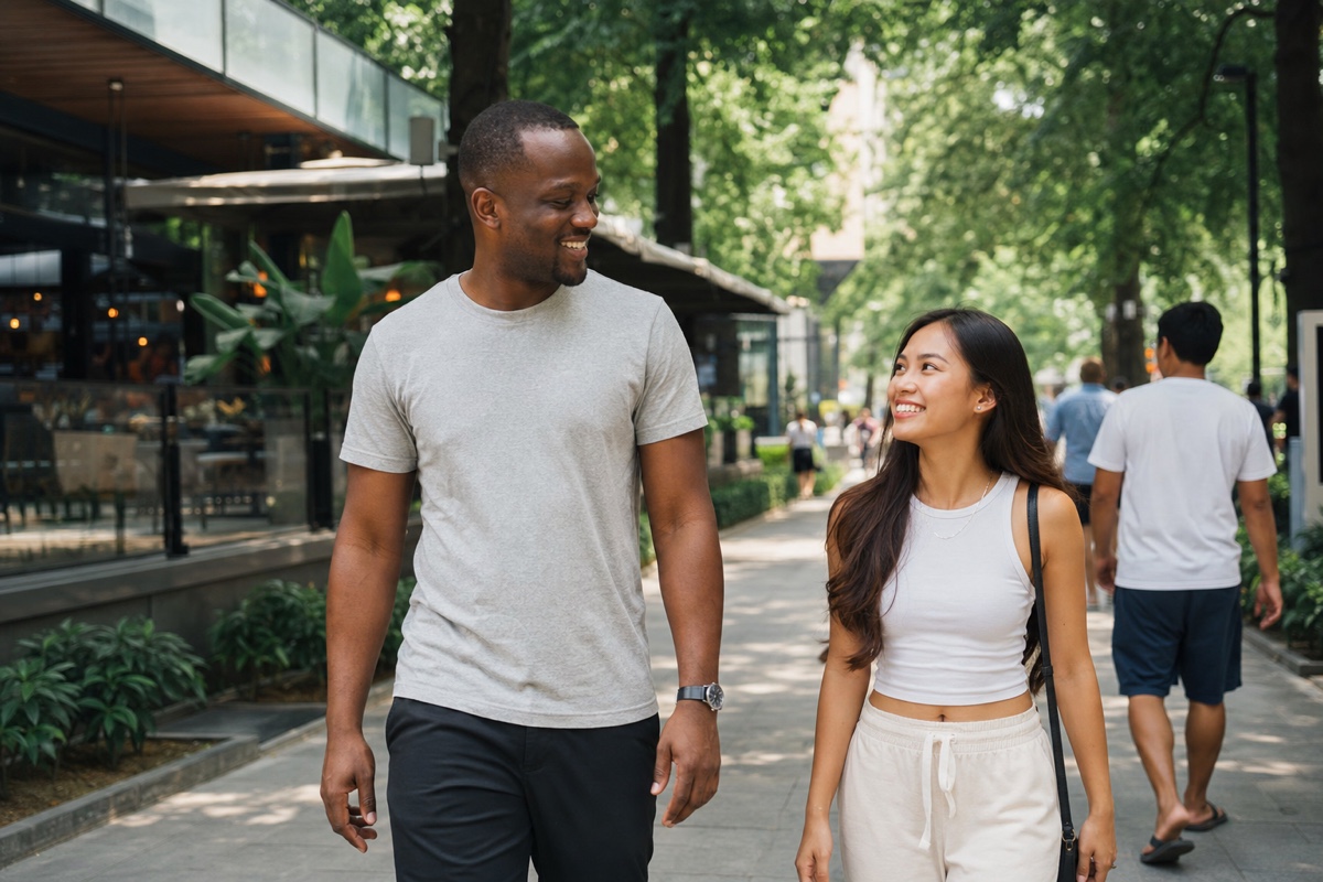 A foreign man and a Filipina on a relaxed daytime date walking through BGC High Street in Manila