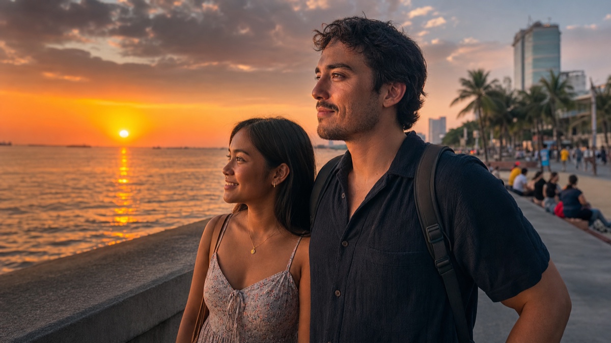 A foreign man and a Filipina watching the sunset over the water at Manila Bay baywalk
