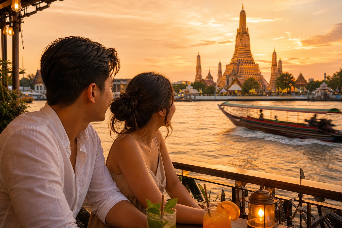 A couple on a riverside date at golden hour with Wat Arun temple glowing across the Chao Phraya river in Bangkok