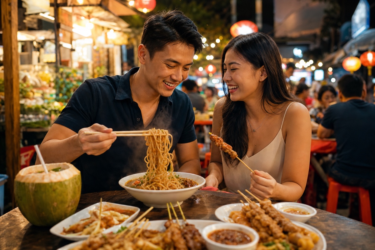 A young couple sharing Thai street food at a lively Bangkok night market in the evening