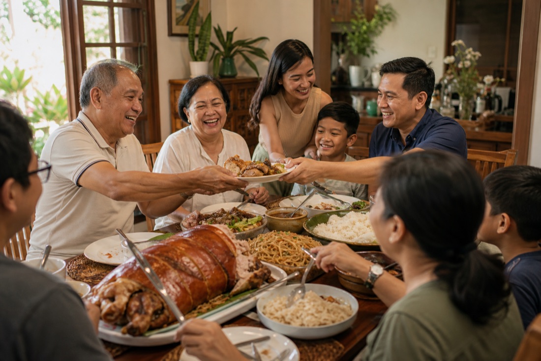 A multigenerational Filipino family passing dishes around a Sunday lunch table at home