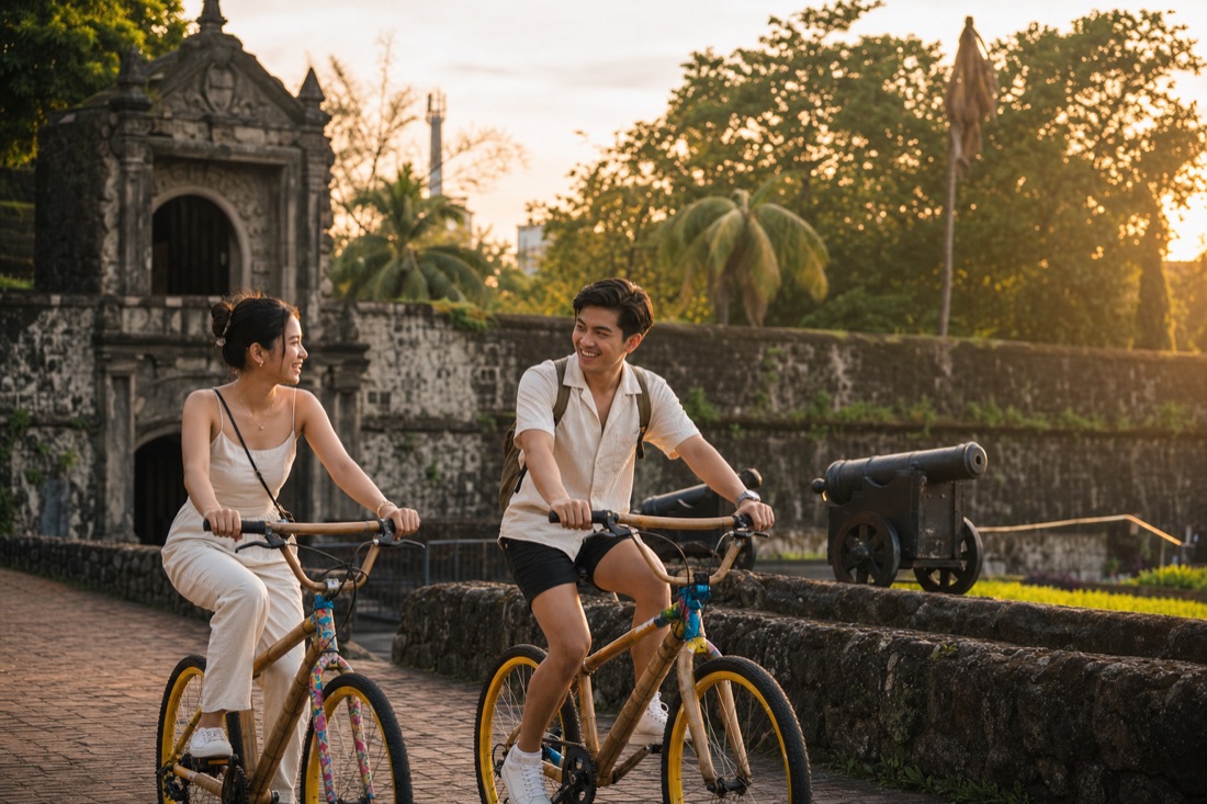 A young couple riding bamboo rental bikes along the old stone walls of Intramuros, Manila at golden hour
