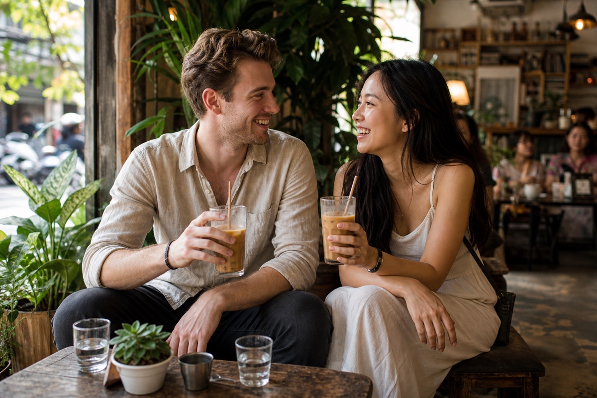 A foreign man and a Vietnamese woman on a coffee-shop date sharing Vietnamese iced coffee at a cozy Saigon cafe