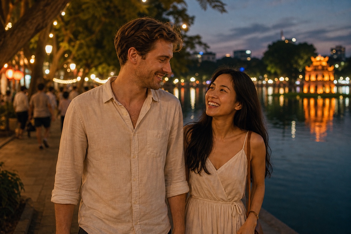 A foreign man and a Vietnamese woman walking together by Hoan Kiem Lake in Hanoi in the evening