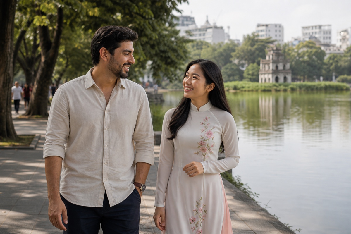 A foreign man and a Vietnamese woman in an elegant ao dai walking together by Hoan Kiem Lake in Hanoi