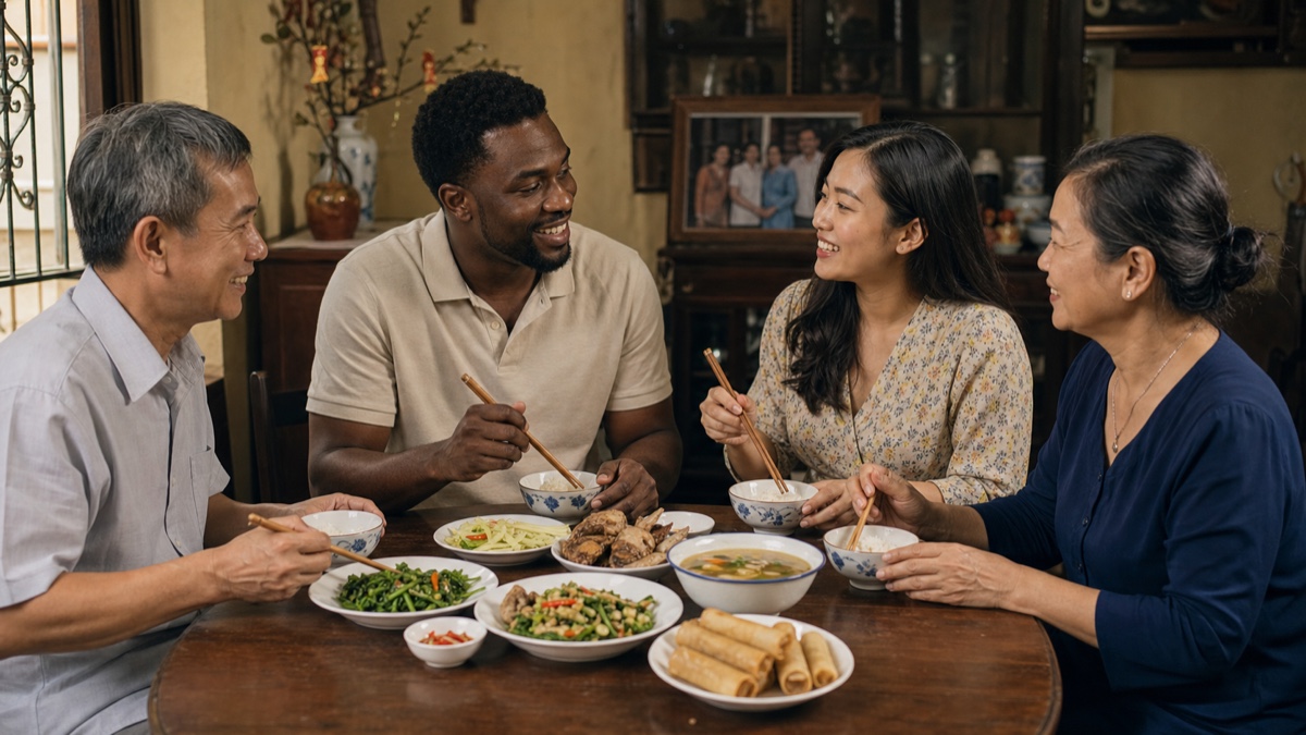 A foreign man sharing a respectful family meal with his Vietnamese partner and her parents at home