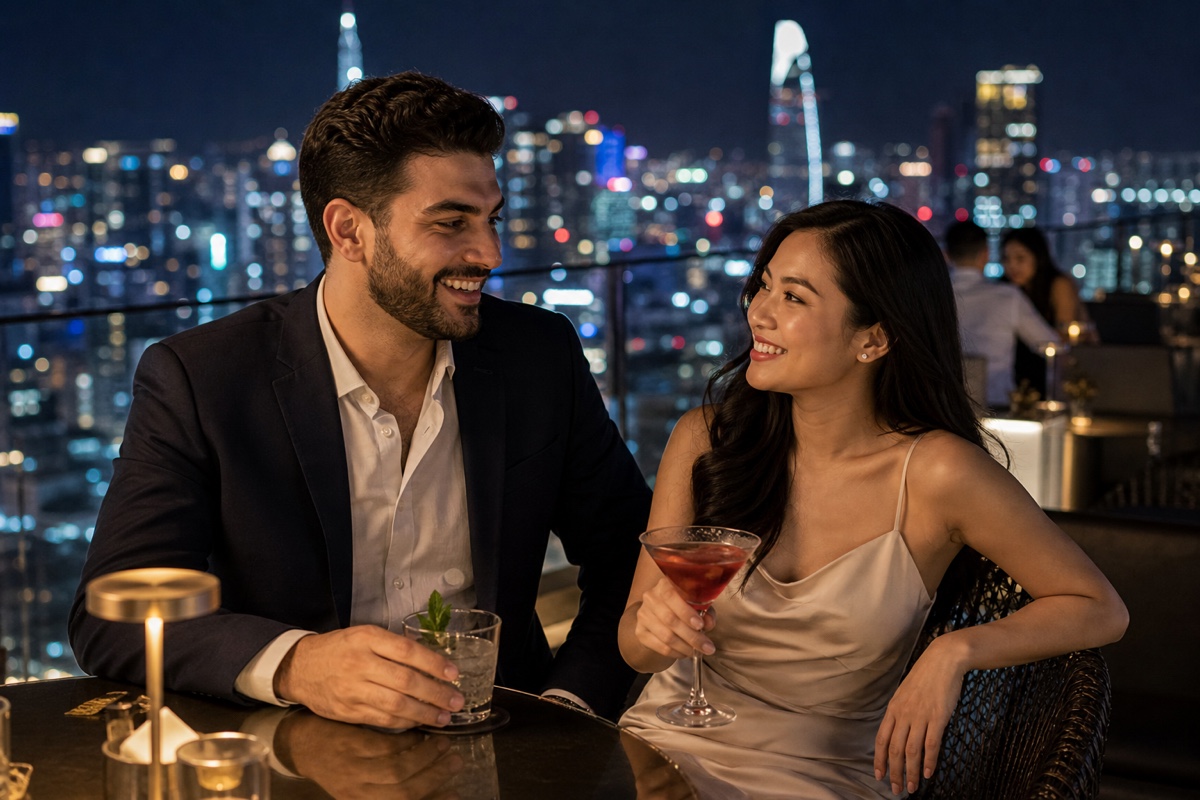 A foreign man and a Vietnamese woman on an evening date at a modern rooftop bar in Ho Chi Minh City