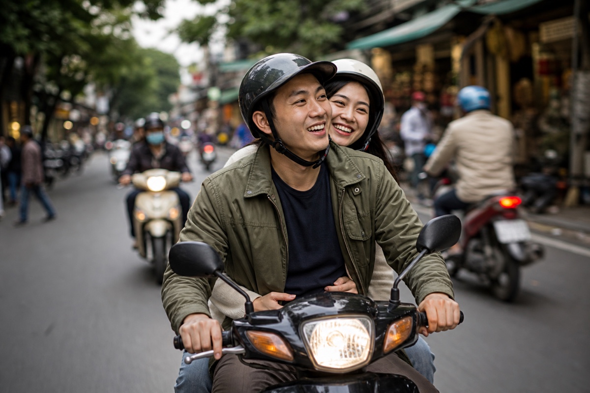 A foreign man and a Vietnamese woman riding a motorbike together through a lively Hanoi street