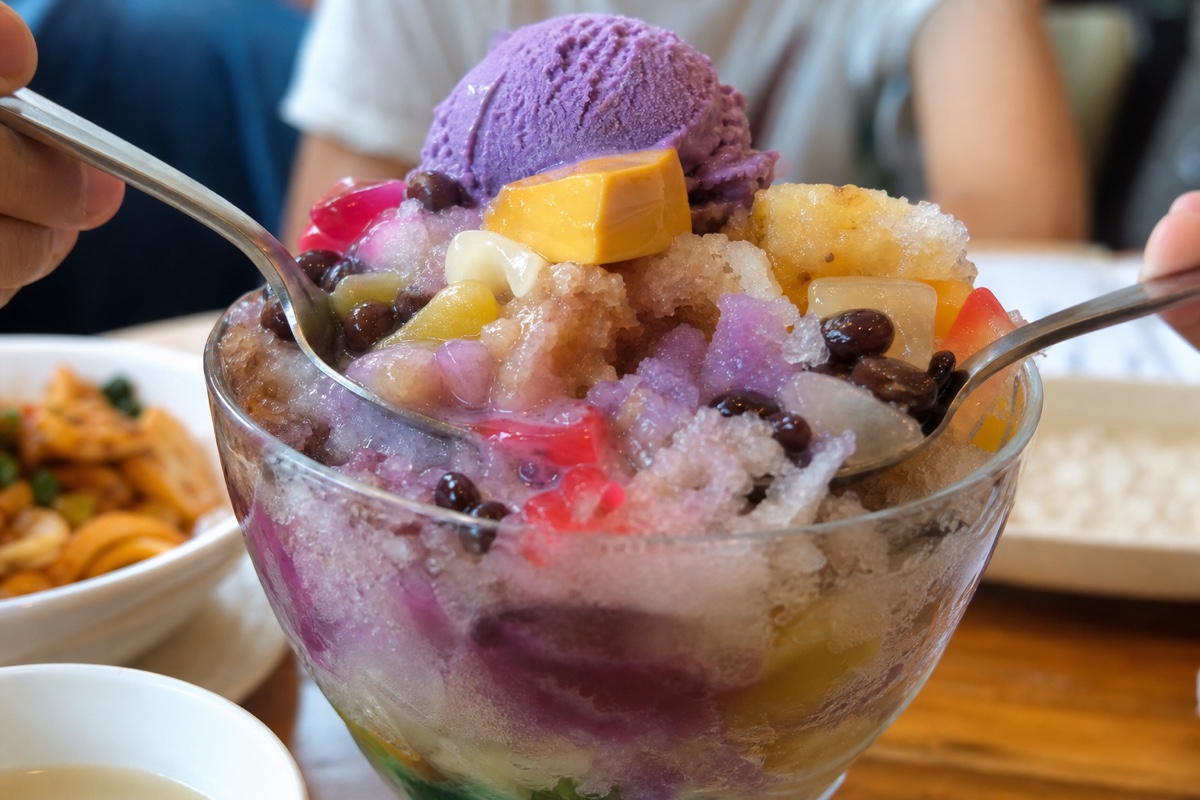 A colourful glass of halo-halo shaved-ice dessert topped with ube ice cream and leche flan