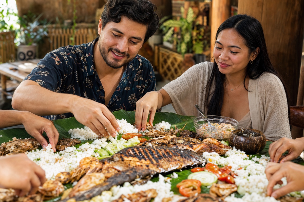 A kamayan boodle-fight spread laid out on banana leaves with rice, seafood and grilled meats