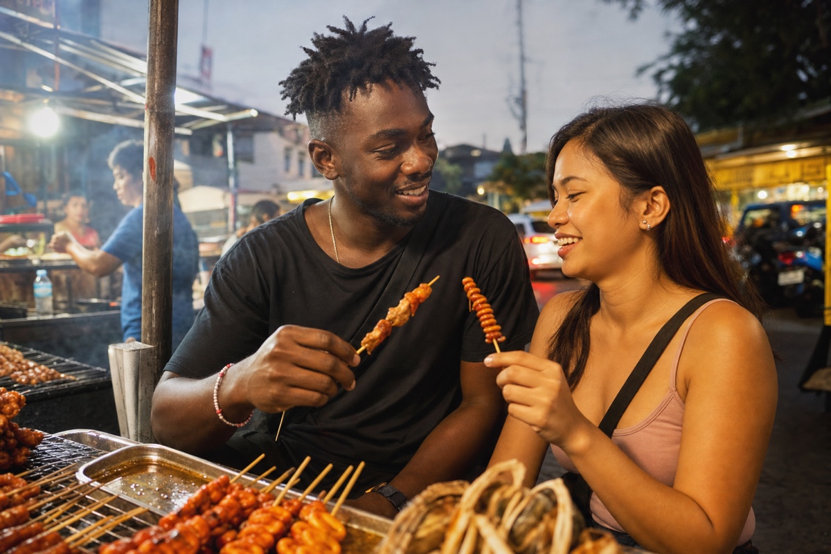 A foreign man and a Filipina sharing grilled street-food skewers at a lively roadside stall in the Philippines